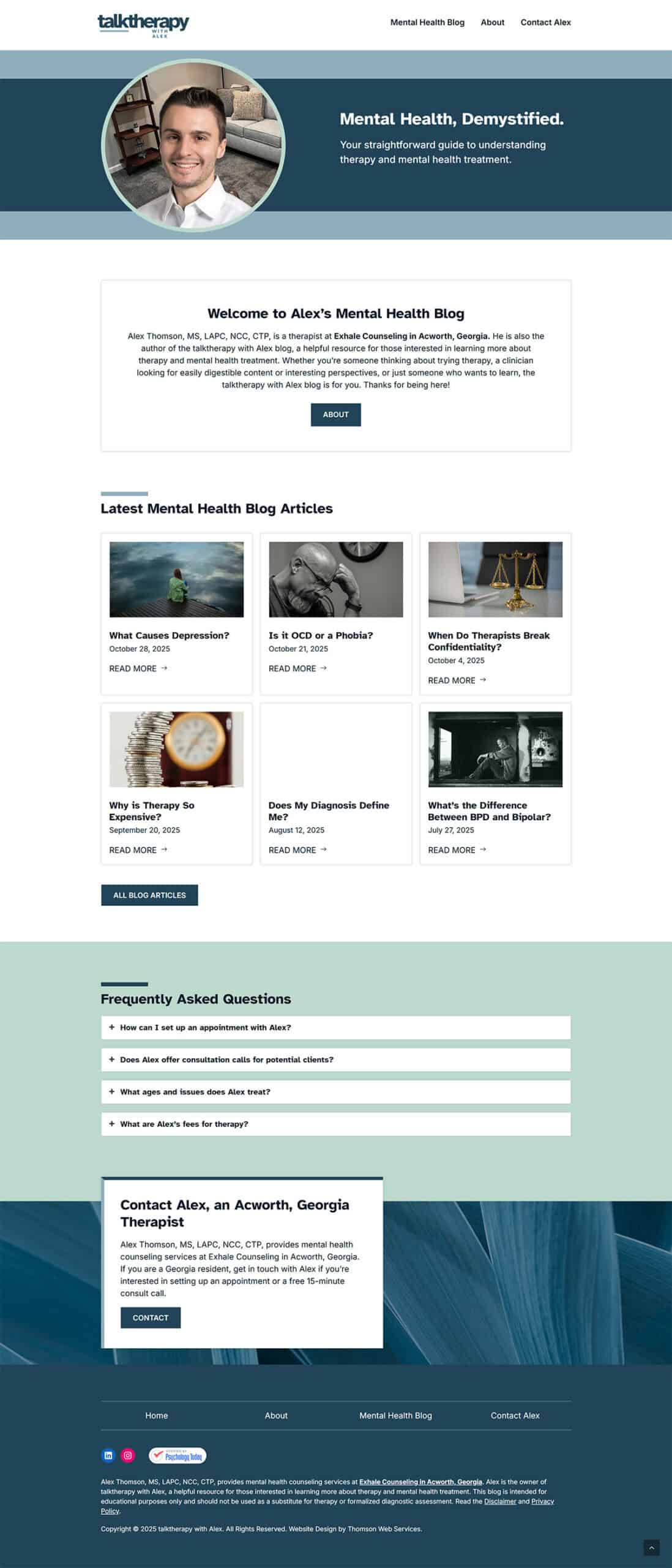 Talk Therapy with Alex web design project homepage