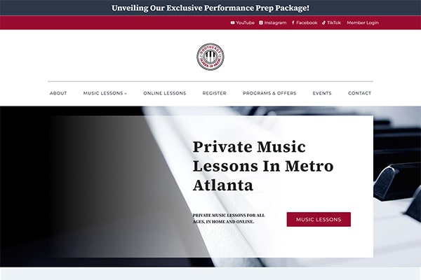 The client was seeking a website redesign, since the existing website had performance issues and was outdated. They wanted a professional and easy to use website with separate pages for each type of music lesson offered and featured music school highlights.